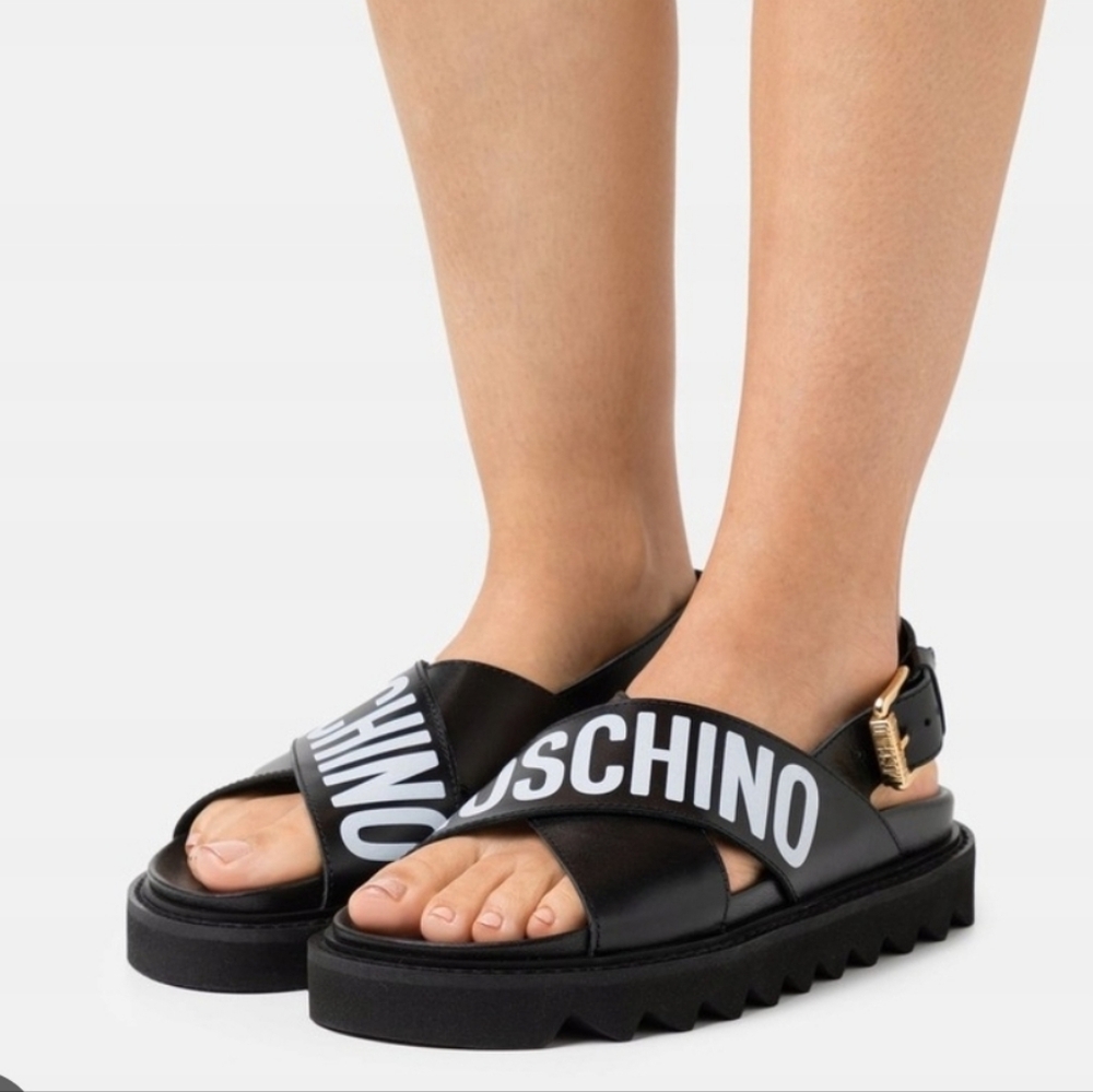 Authentic Moschino Black Slide Sandals with Bold Branding (Unisex) W-8 ,M- 6.5/7